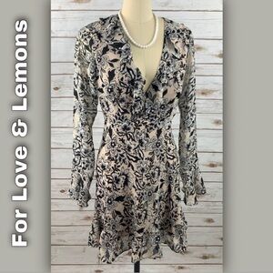 For Love & Lemons Black Floral on Cream Wrap Midi Dress